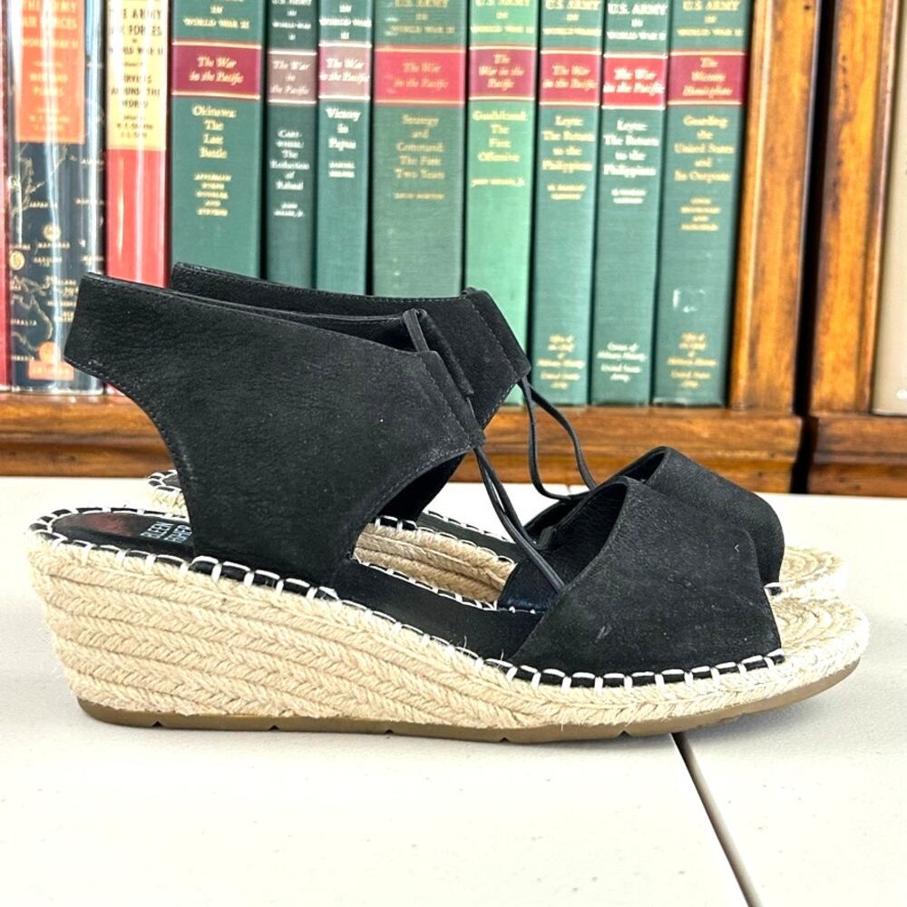 Eileen Fisher Black Suede "Whim" Wedge Espadrille Sandal Sz 9.5 MSRP $198